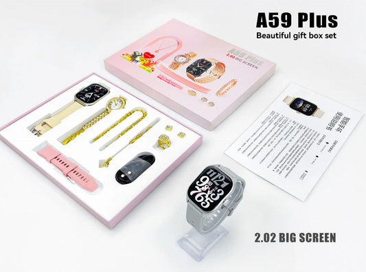 "A59 Plus Ladies Smartwatch Bundle – 2 Straps, Classic Design, Jewelry, Bluetooth, 2.02” IPS Display"